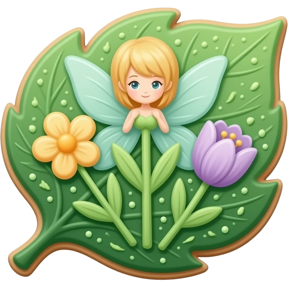 Elegant forest fairy cookies, delicate floral shapes, botanical icing, enchanted tea-time style, emerald green, amber, subtle violet accents. Laying on a leaf emoji