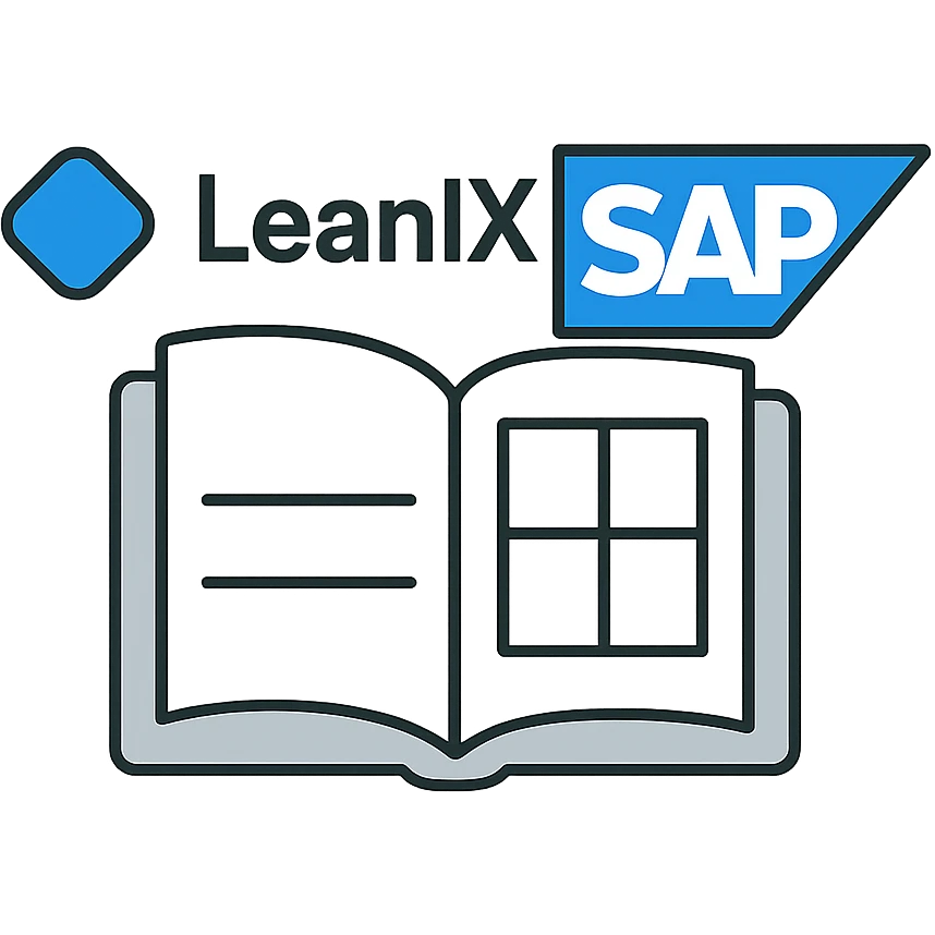 minimal icon combining LeanIX and SAP logos with a catalog element like an open book or grid, unified in a clean, simple tech style, using blue, white, and gray colors, modern outline style emoji