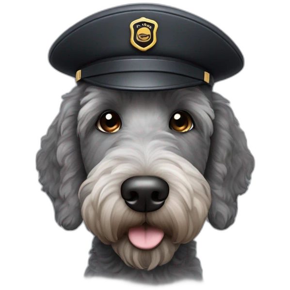grey and black labradoodle dog's face with and long nose and a pilot cap on emoji