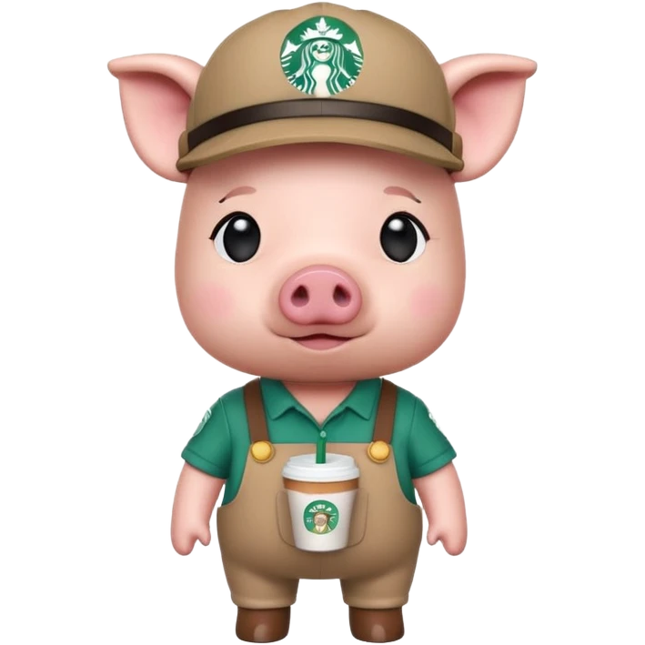 A CARTOONISH and cute Funko Pop-style Pig With A StarBucks worker Outfit and a cute visor on its head cartoonish and cute. Funko pop emoji