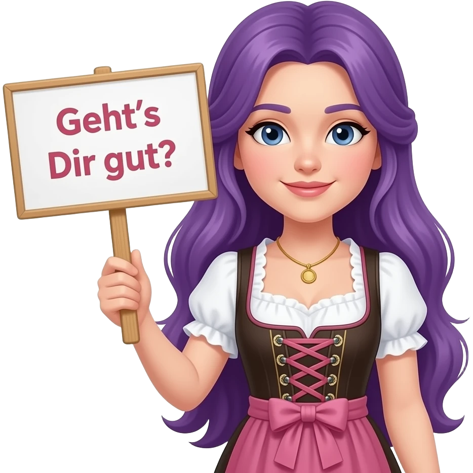 girl with long purple hair wearing a dirndl holding a Geht's Dir gut? sign emoji