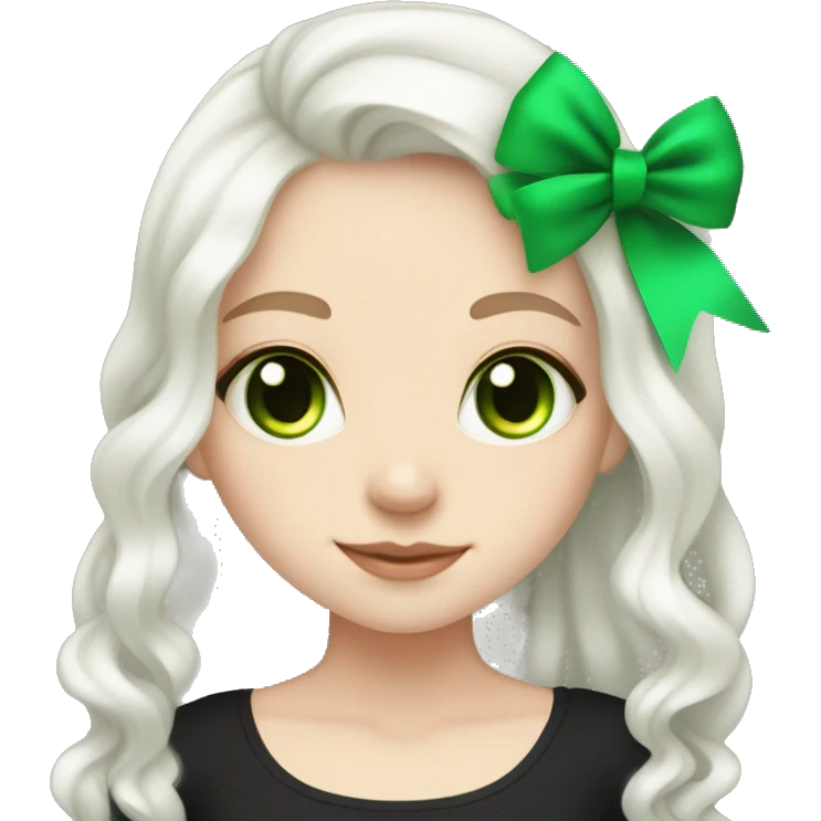 pale girl with long platinum white wavy hair with bright green eyes and wearing a black hair bow pale girl with long platinum white wavy hair with bright green eyes and wearing a black hair bow emoji