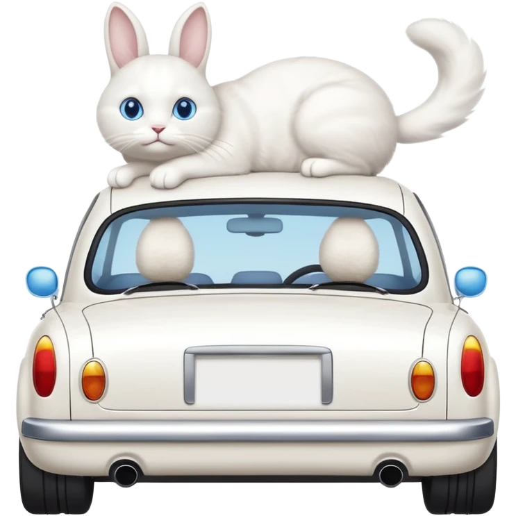 Please create a small emoji the size of 🚗 featuring a pure white cat with bunny tail (not ears) with blue eyes on a white saloon car viewed from side. Again it is necessary that the emoji must be extremely small, much smaller than a standard sized sticker. emoji
