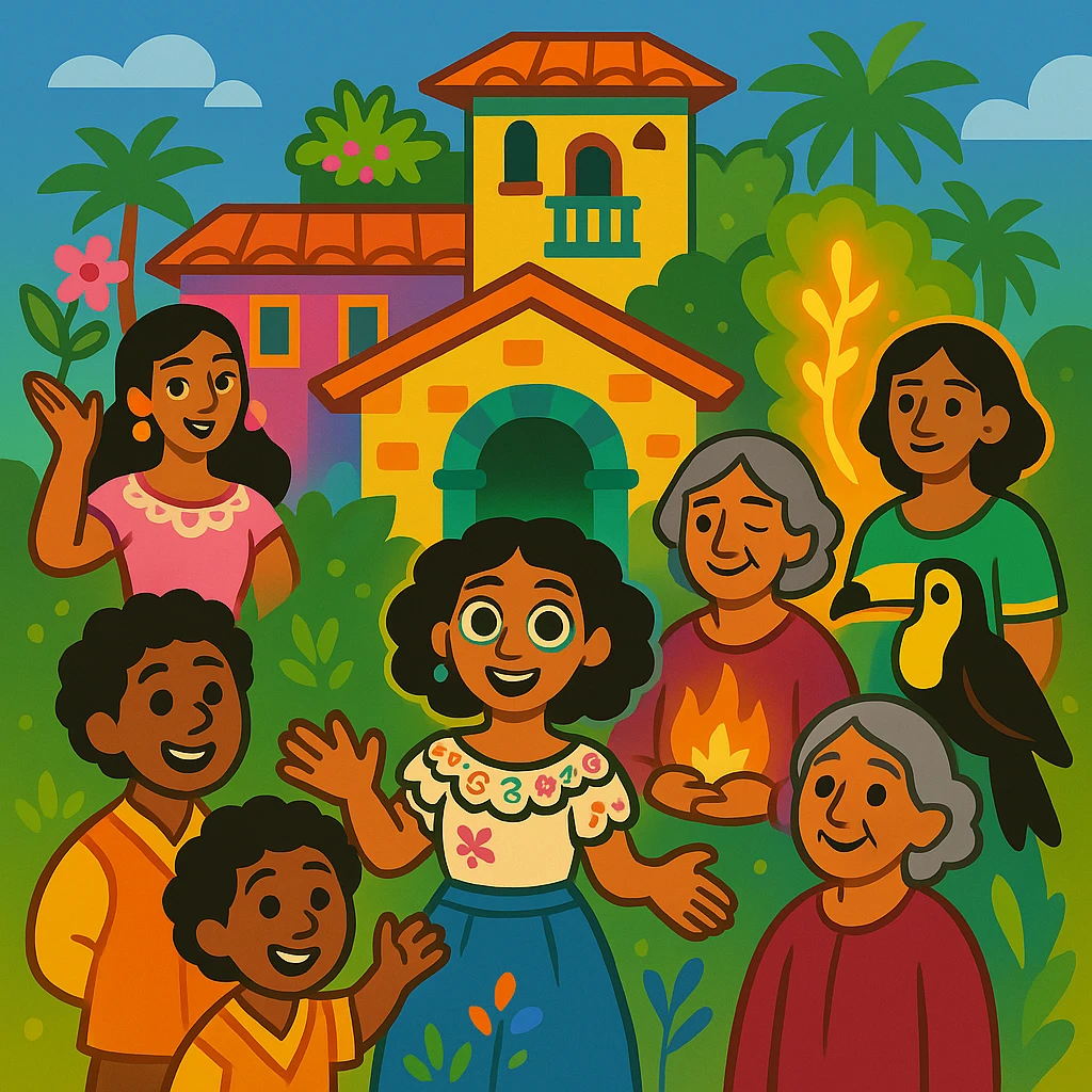 Edit the Encanto family image to remove Bruno, keep the rest of the family, animated style, bright colors, magical aura, no Bruno, keep magical house background. emoji