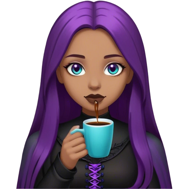 Gothic girl with cyan eyes and long smooth hairbrown. She is dressed in black and violet and drink a very good coffe with love.  emoji