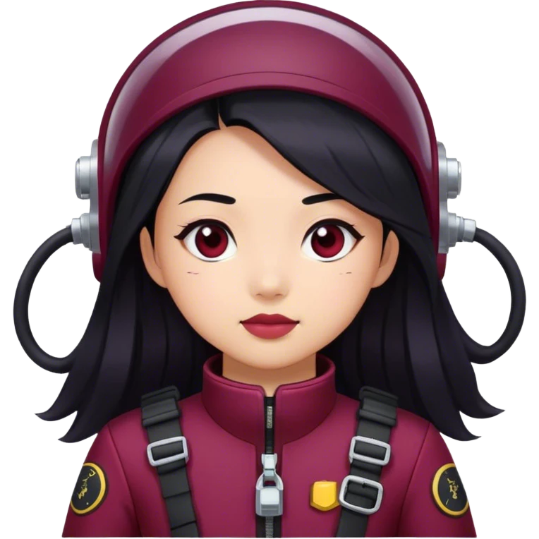Asian girl with long black hair and black eyes in a burgundy diver guess emoji