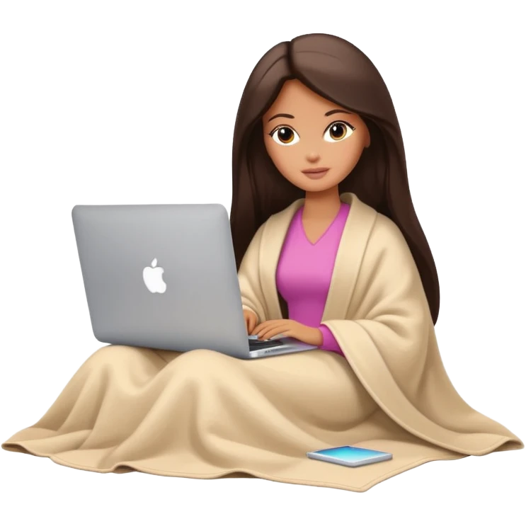 Barbie girl with a long straight dark brown hair inside a pale beige blanket working macbook  emoji