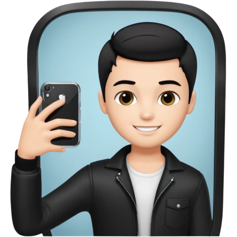generate a pretty bratz fair skinned boy with short black hair taking a mirror selfie emoji