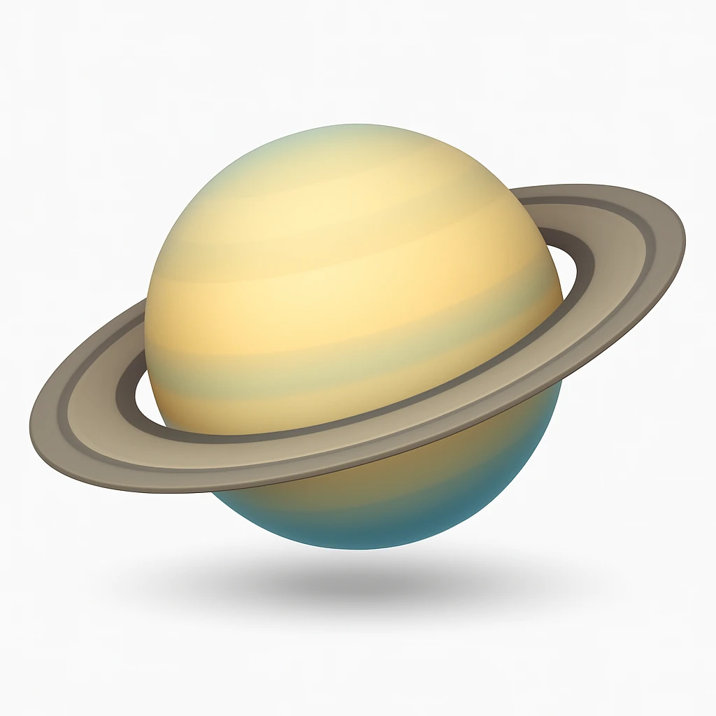 Create a Saturn emoji that looks exactly like the reference image in iOS emoji style. The emoji should be 3D with shiny, smooth gradients and soft shadows. It should depict the classic Saturn with rings, no cow, just the planet. Add a soft shadow under the planet. emoji