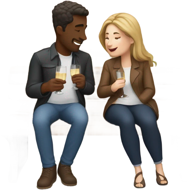 couple of white people with brown hair, sitting closely on a park bench, enjoying a romantic moment. One person is holding a croissant, and the other is holding a glass of Prosecco.  emoji