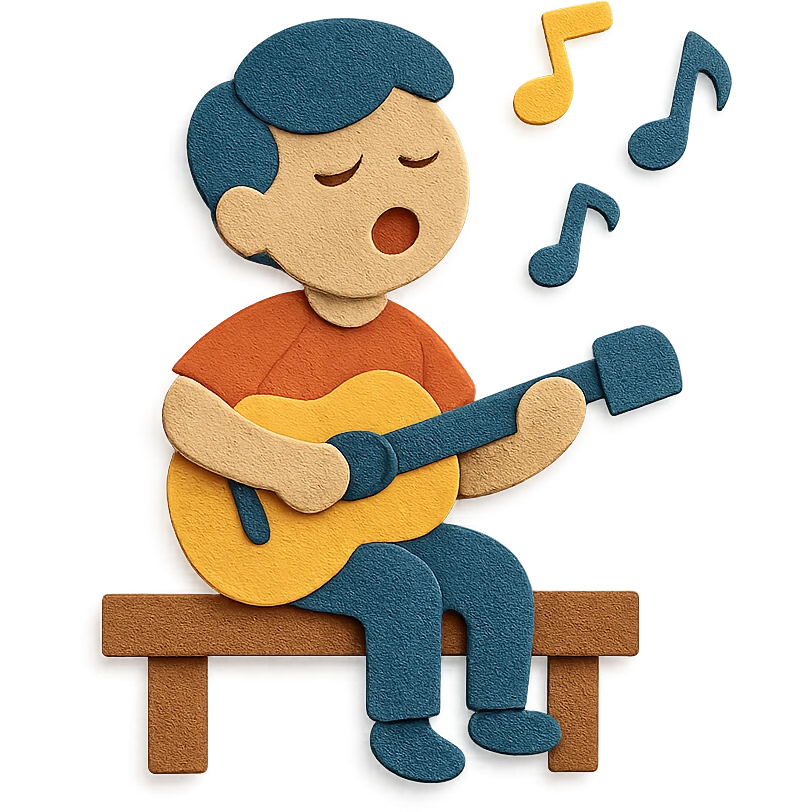 person sitting on a dock singing a song, paper craft style emoji