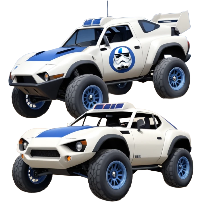 storm trooper evil darkly night blue Dirty and dented Local Motors Rally Fighter off road race car hot rod meets 2013 Toyota 86 trophy truck-style basher flying on a dusty road (silver wheels) emoji