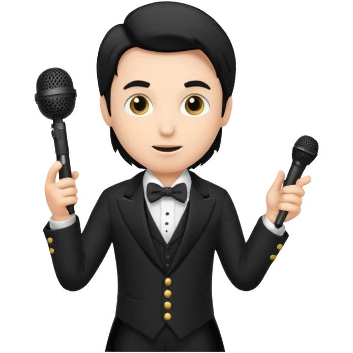 Pavlin is the host at the event. He's in a tailcoat and holding a microphone emoji