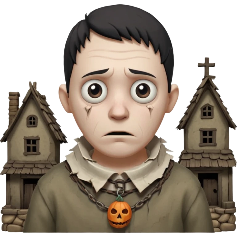 cursed village villager portrait, head and shoulders only, pale skin, torn rustic clothes collar, haunted eyes, eerie atmosphere, 3D cartoon, mobile game icon style, clean background, no text, no watermark

 emoji