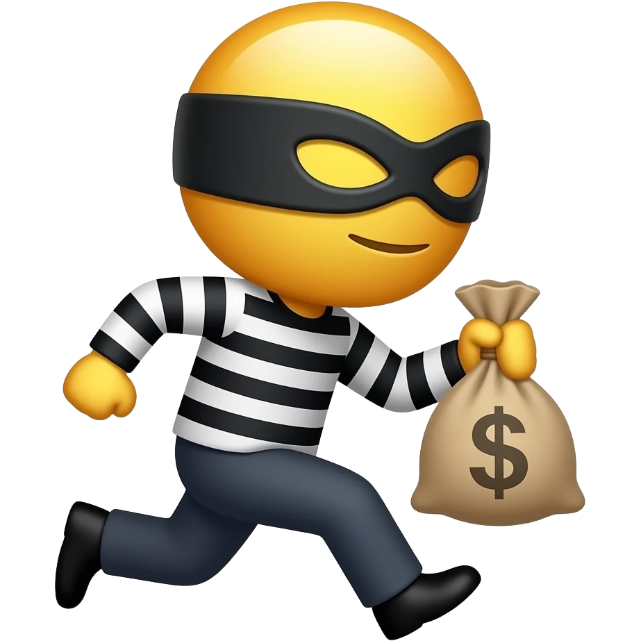 Generate a burglar emoji with with yellow skin that runs with a bah of money and make it in the graphic style of this emoji 🧍put less shading and make it more like that 🧍 and make the mask go more up on his face and make it in this style 💰🥷 make it more simple like this 🧍more simple emoji