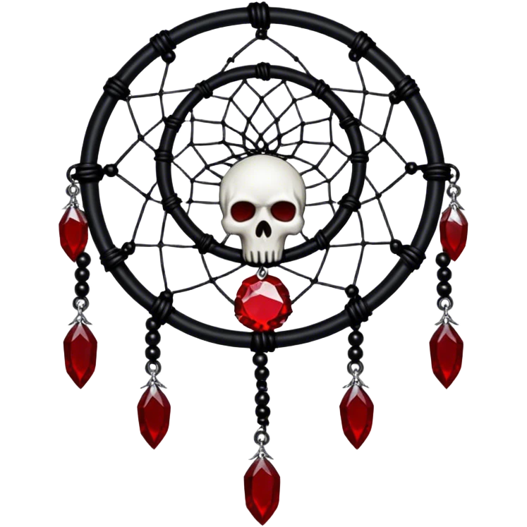 Blood-red, bloody, obsidian-black, edgy, dream catcher, red gemstones, black wires, black threads, tiny white skulls, emoji