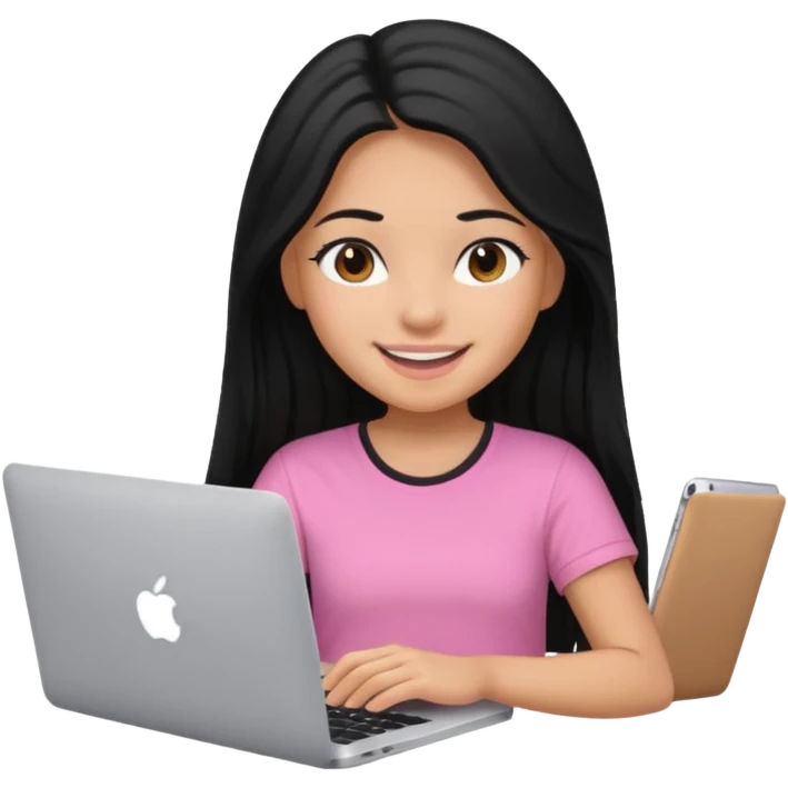 girl with black long hair working in a macbook, pink shirt, smily emoji
