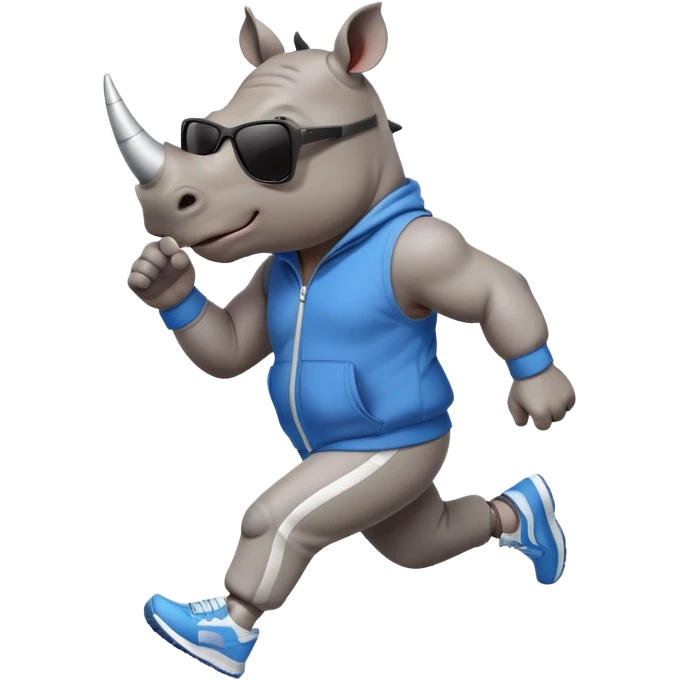 friendly anthropomorphised rhino jogging upright, wearing a sporty tracksuit and sneakers, dark sunglasses, standard pose emoji