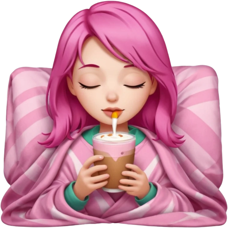 girl with pink hair inside a pink blanket sipping strawberry latte eyes closed emoji to use or share on Discord and Slack. emoji