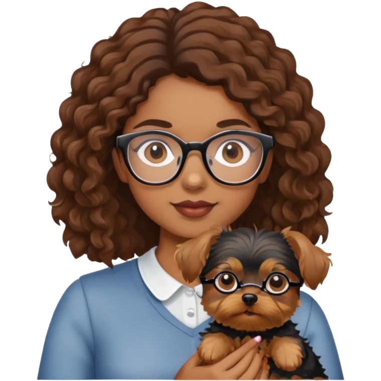 Young woman with brown curls and eyeglasses holding a small yorkie dog emoji