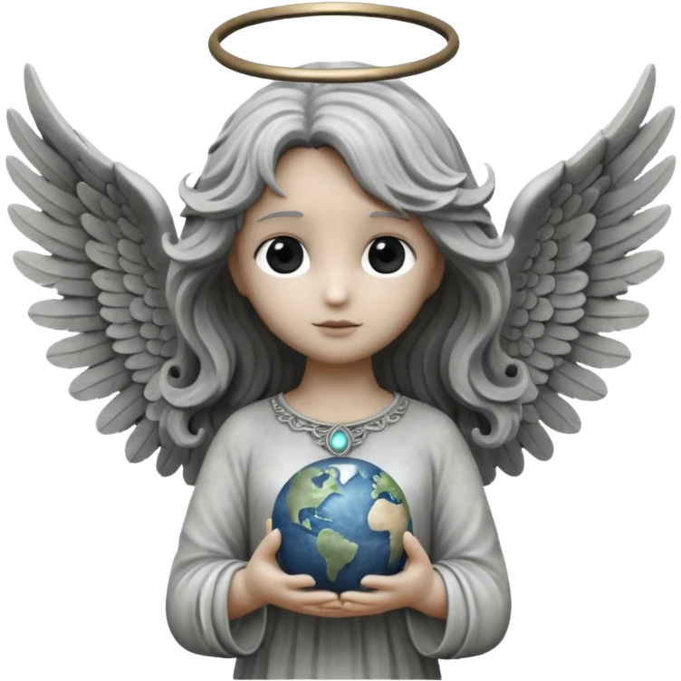Angel statue (All gray/Rock) long wavy hair hollow eyes feathered wings holding the world (White and Black)  emoji