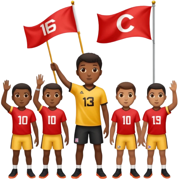 A black boy holding a big team flag, waving it proudly with a determined expression full body emoji