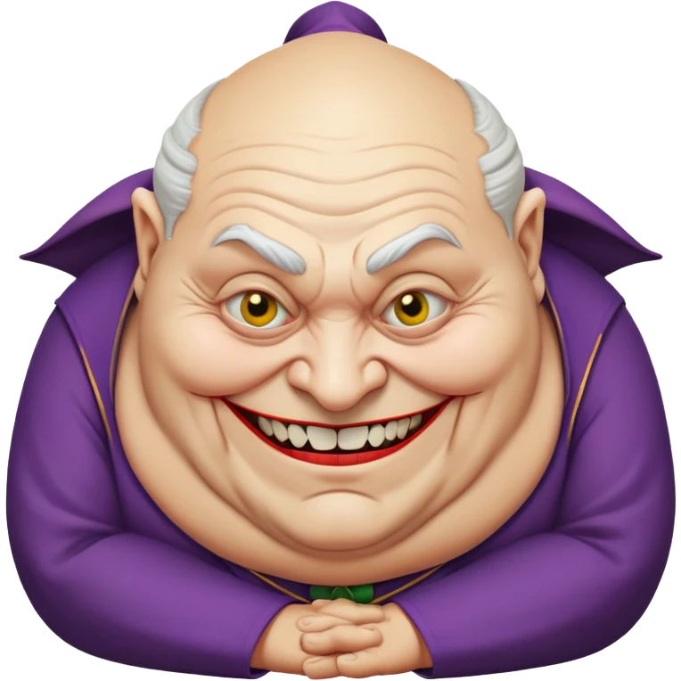 fat old temple priest with a creepy look, closed trouble-making smile, bent over like the Joker emoji