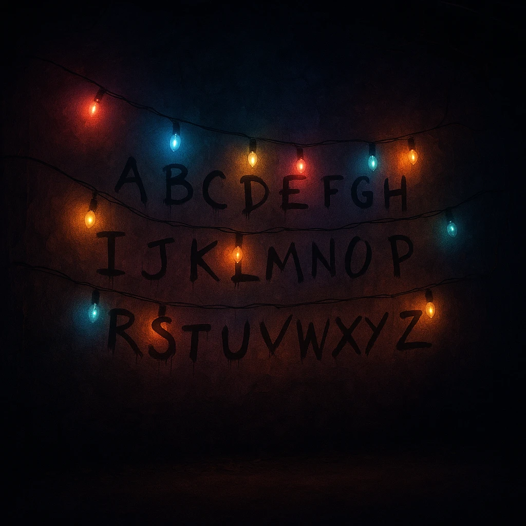 A Christmas light alphabet wall, glowing in the dark, inspired by Stranger Things, magical and mysterious ambiance emoji