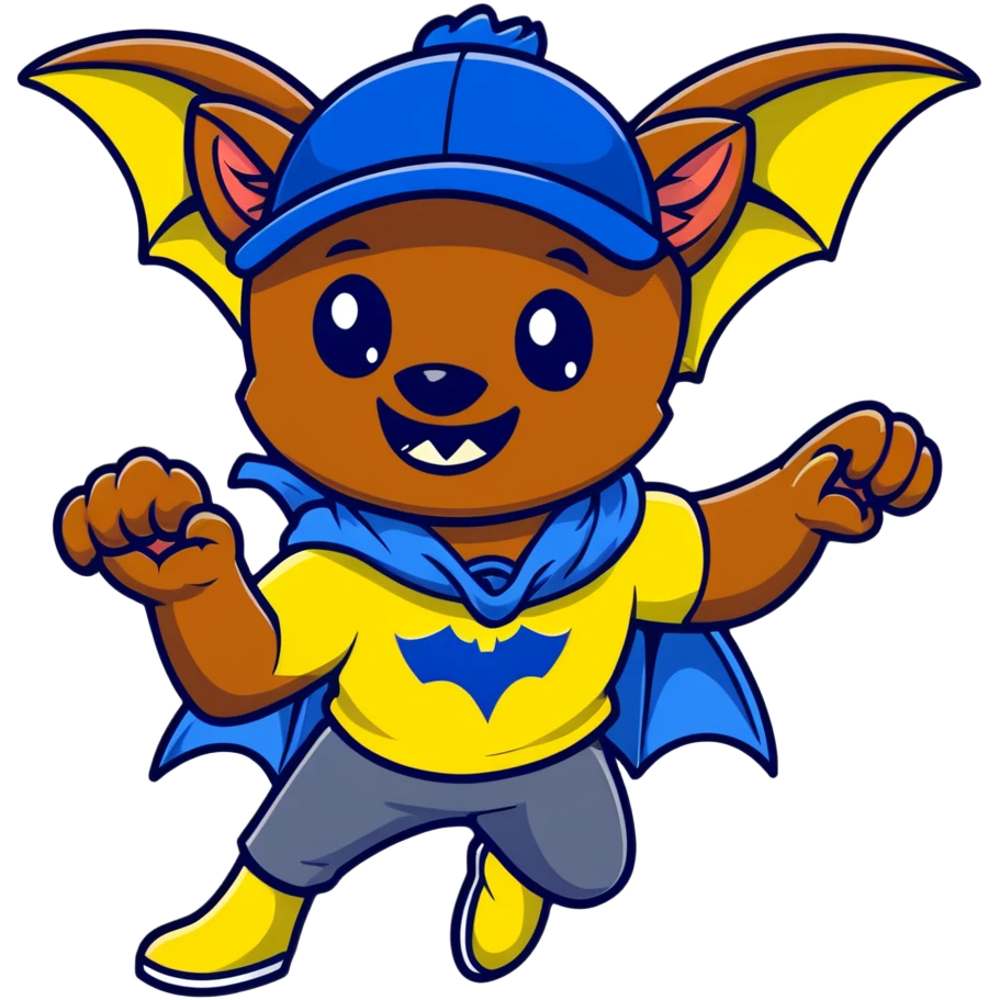 Flying fox bat mascot "Nahalenok" for FC Rostov, cheerful expression, large wings spread wide in flight, big expressive eyes with playful glint, smiling mouth showing small fangs, wearing yellow (#FFCD00) and blue (#0057B8) scarf around neck, blue baseball cap with FC Rostov logo tilted to side, dark grey body emoji
