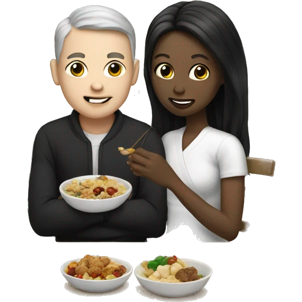 Interracial white and black couple eating Chinese  emoji