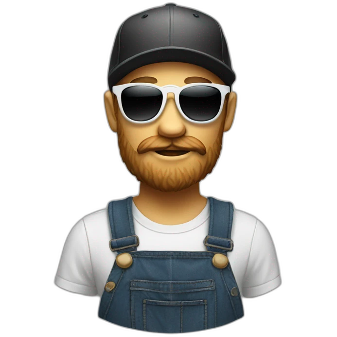 White Hipster with a black bear, a cap, dungarees and cool sunglasses emoji