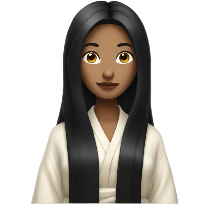 Beautiful slender woman with long black hair stands in a robe emoji