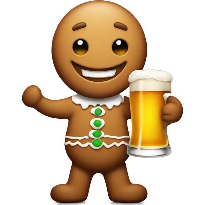 Gingerbread man smiling really big while holding beer glass  emoji