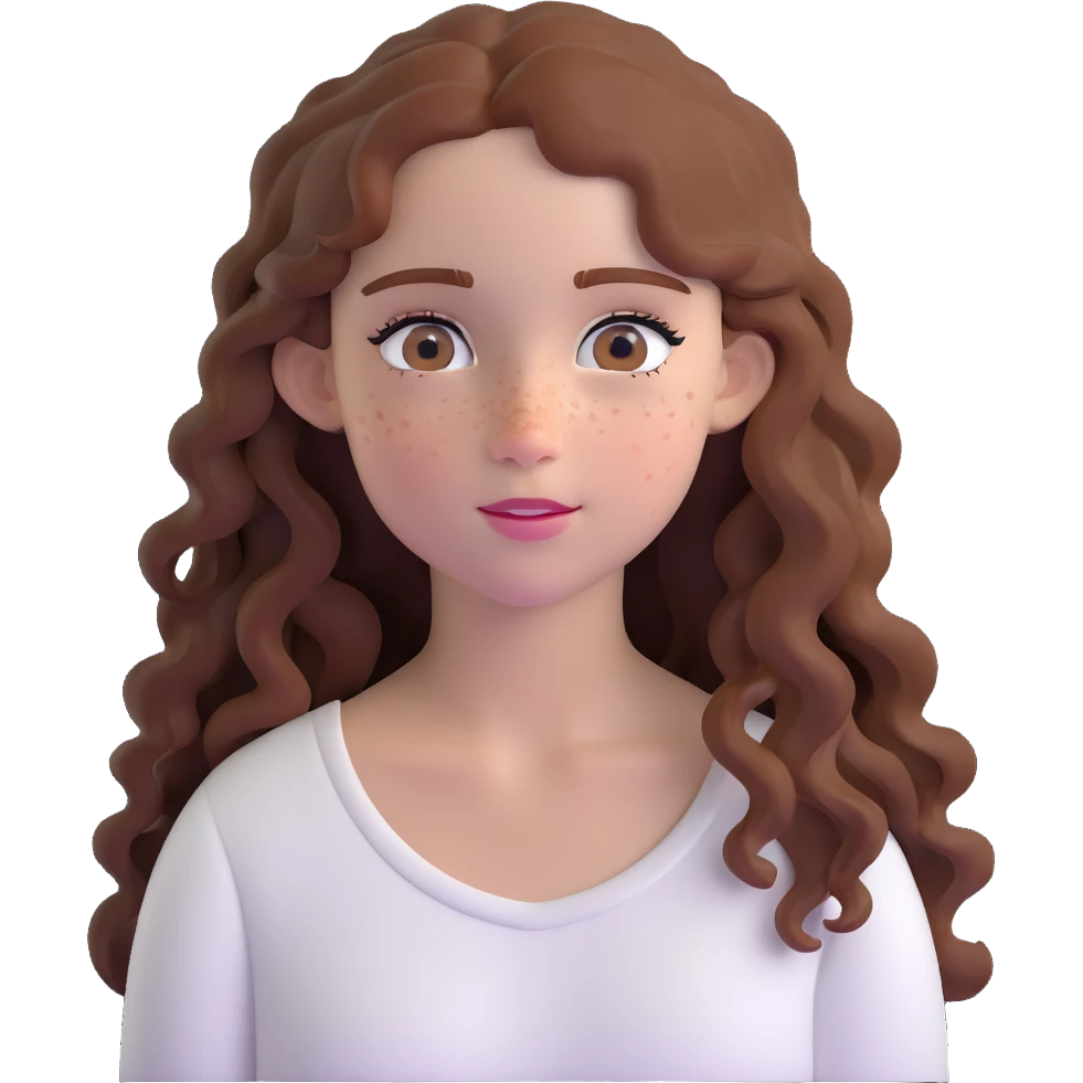 adolescent girl with long wavy hair, freckles, long eyelashes, white top emoji