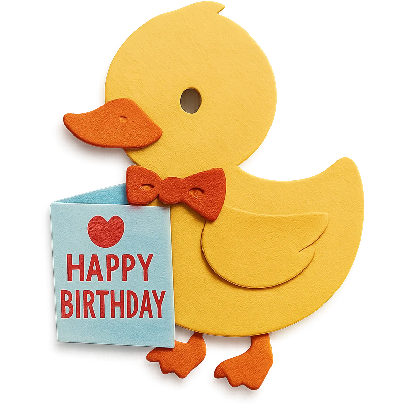 duck with bowtie holding birthday card, paper-craft style emoji