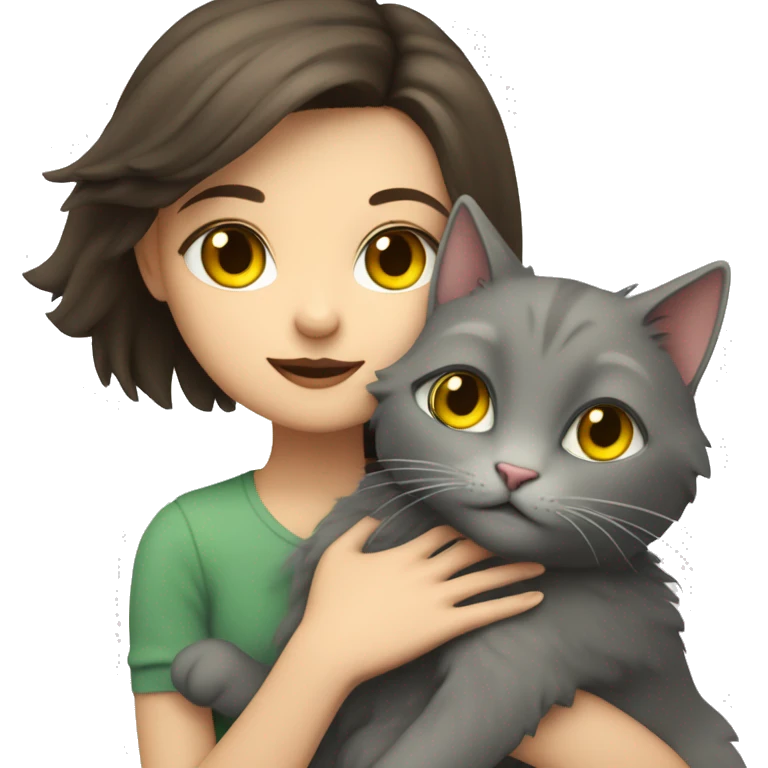 A brunette girl with green eyes and fair skin hugs a gray fluffy cat with yellow eyes emoji