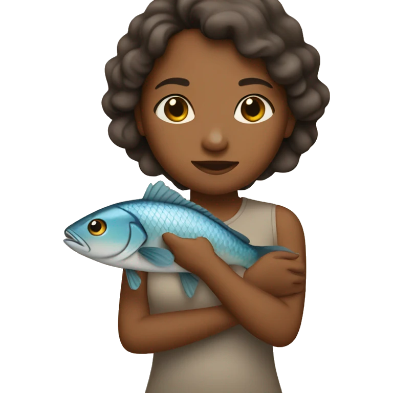 A brown girl holds a fish in her arms emoji