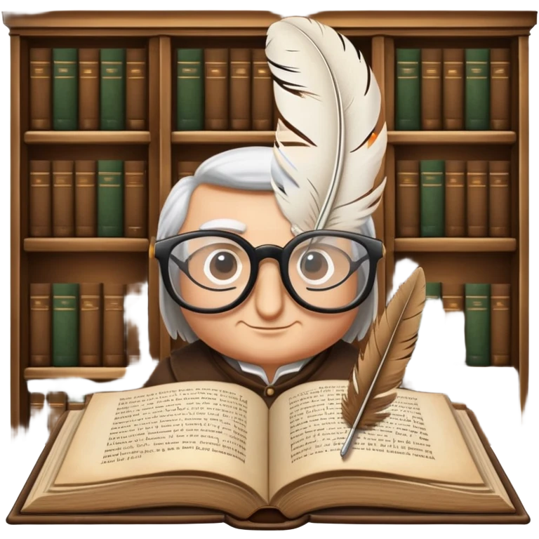 An icon featuring an open book with classic text, a feather quill, and reading glasses, symbolizing literary studies. The design includes old library shelves and vintage manuscripts in the background. Transparent background emphasizes the deep analysis of written works and literary history. emoji