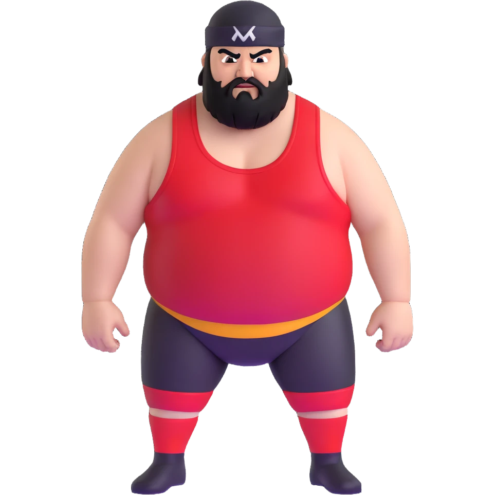 White skin fat guy with prominent black durag, black beard, black eyes in a red and black wrestling singlet with angry face emoji