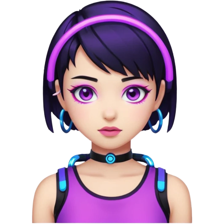 Emoji estilo anime cyberpunk: garota com cabelo curto preto, olhos roxos expressivos, expressão confiante, argolas grandes, pele iluminada por neon azul e rosa, visual moderno e vibrante, cores fortes e estilo futurista simplificado. emoji
