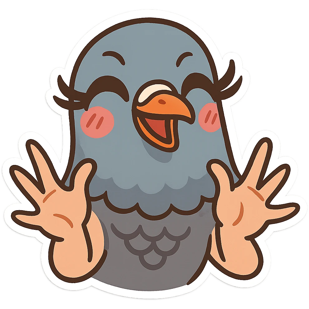 pigeon head, exaggerated eyelashes, hands making a 'yasss' motion, energetic and bold, cartoon style emoji