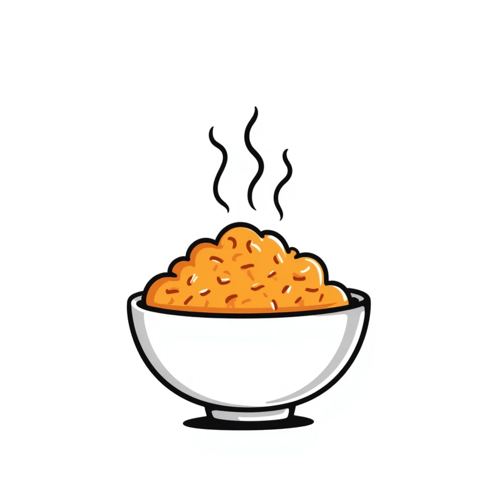 hand-drawn bowl of rice with orange-colored grains, steaming hot emoji