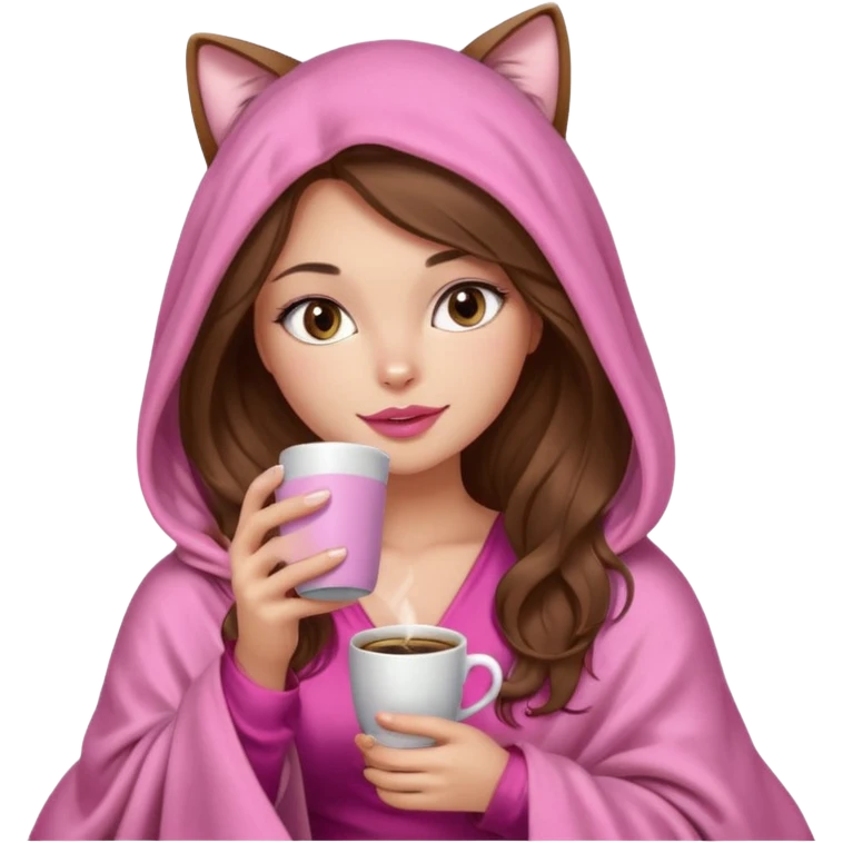 girl with long wavy brown hair, brown eyes, long lashes makeup, sexy pink lips, light to medium complexion, wearing a pink sexy silk top, big blanket over the head cozy holding a cat,  drinking coffee emoji