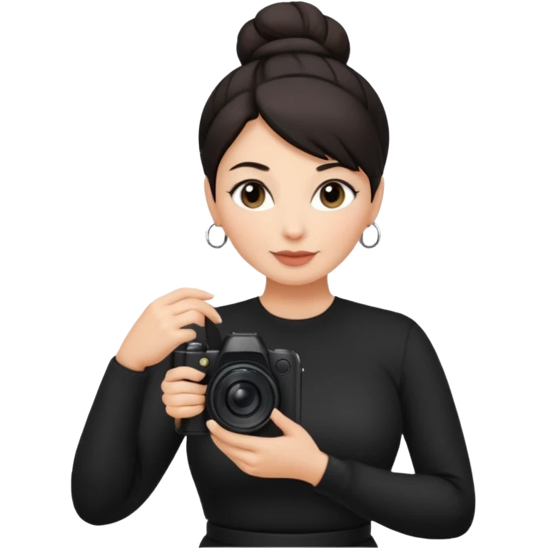 48 year old woman photographer with dark hair in a bun, wearing black clothes emoji