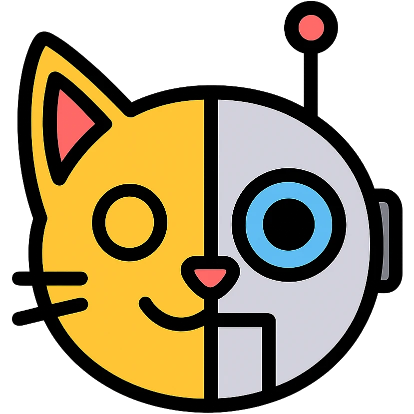 cartoon style emoji mashup of a cat and a robot, flat icon, white background, half cat half robot face emoji