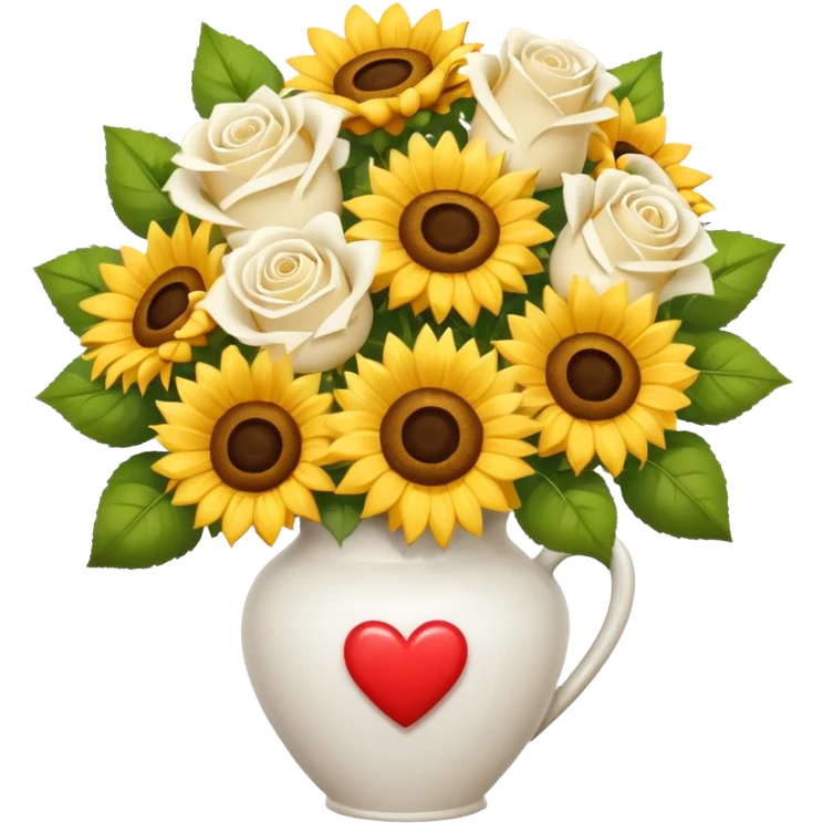 Bouquet with yellow roses sunflowers and white roses in a white vase with hearts and a white bow emoji