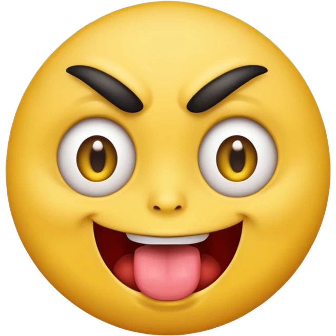 A yellow round face emoji smirking with its tounge out but the eyes are evil and kind of crazy and only one eyebrow is raised higher than the other emoji