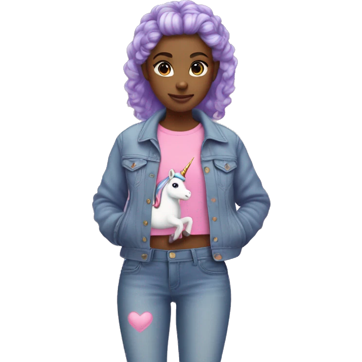 girl with a lavender bun wereing pink jeans, a purple top with a heart,and a jean jacket with a unicorn emoji