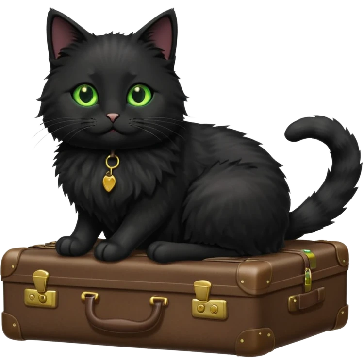 Black fluffy cat with suitcase in sun emoji