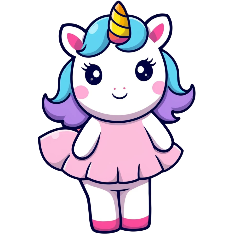 A unicorn with a pink dress and a rainbow  emoji